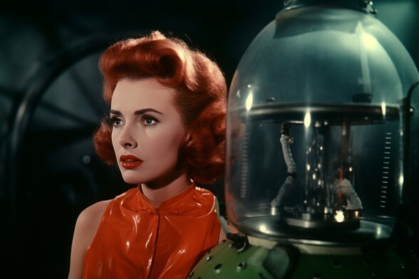A woman in a red plastic sleeveless dress stands next to a robot with a clear glass head with circuitry of some kind in it