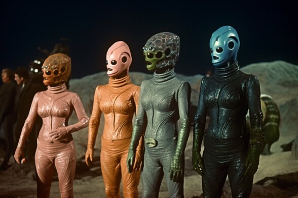 Four individuals from two alien species, apparently all mammalian females, stand in a row on a planetary surface