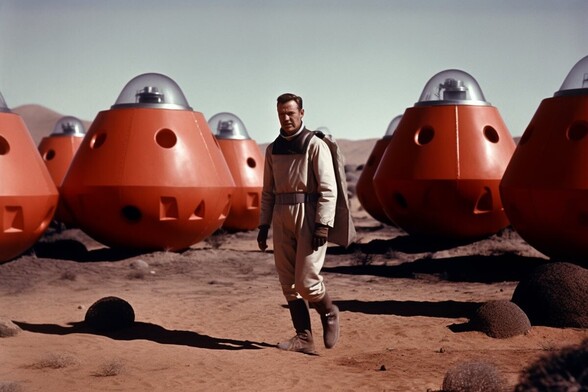 A man in a beige jumpsuit and cape wanders through a desert field crowded with red landing capsules or possibly bombs