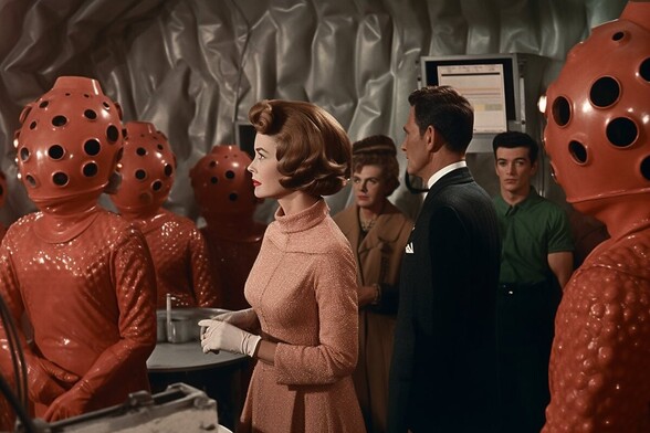 A gloved woman in a crowded room with crinkled metal walls looks solicitously towards an alien in red bubblewrap and a helmet with a dozen or more eyeholes - three other members and three humans stand nearby
