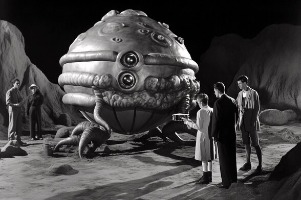 Several people stand around a large spherical creature with several tentacles