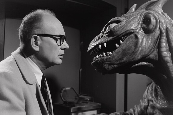Arthur C Clarke face to face with a toothsome monster