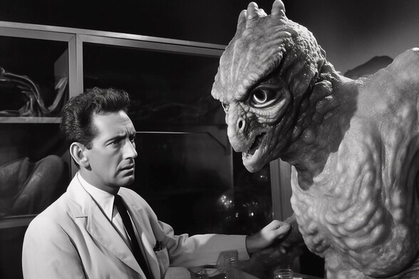 A scientist examines an oddly vulnerable looking monster