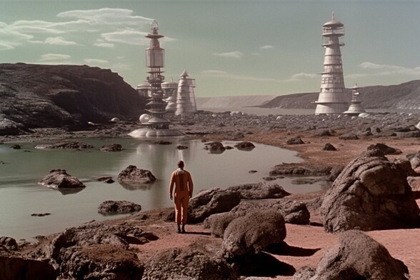A person walks along a rocky shore towards metalic towers