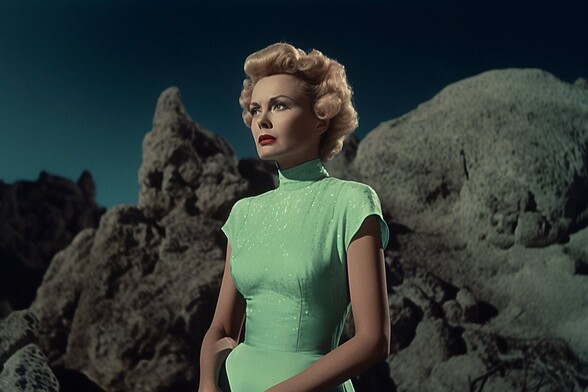 A woman in a green dress looks pensive
