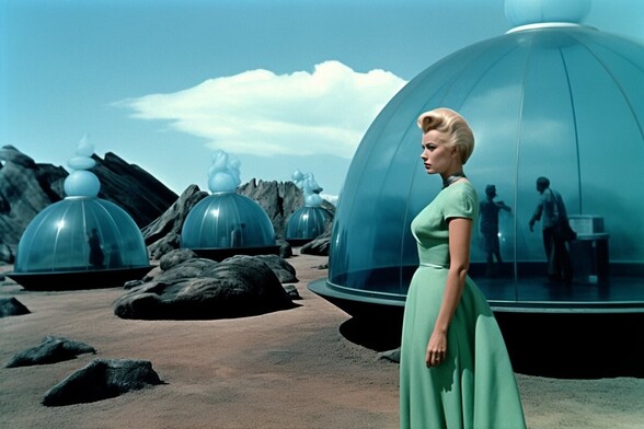 A woman in a green dress walks past transparent blue glass domes in which people can be seen