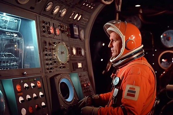 A person in an orange spacesuit sits at a bank of controls