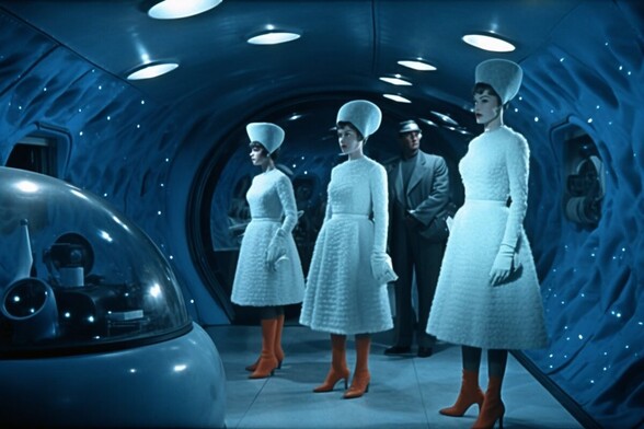 Three women in light blue dresses stand inside an alien spacecraft which is dark blue