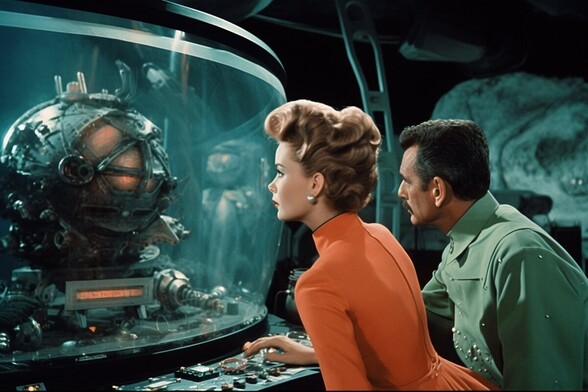 Two people peer at a machanical object which is trapped inside a large perspex container