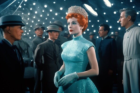 A woman in a sparkly blue dress and a tiara stands in a room with many small lights on the walls and surrounded by men, mostly in hats