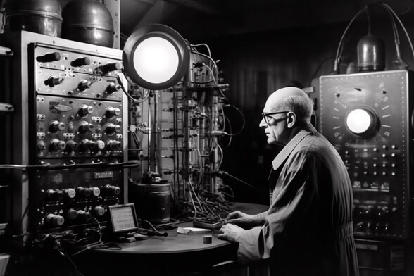 An elderly man in a long coat sits at an electronic work bench with boards of switches and dials in front of it