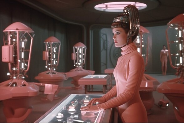 A woman in a pink jumpsuit stands at a lighted control bench in a room with pink machines of some kind. She has a strange metallic hat or helmet on