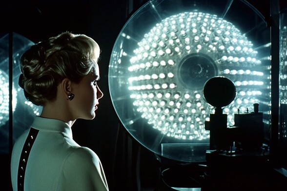 A woman looks at a sphere covered in glowing light bulbs