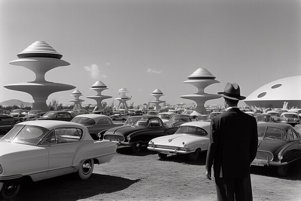 People, cars, flying saucer-shaped towers