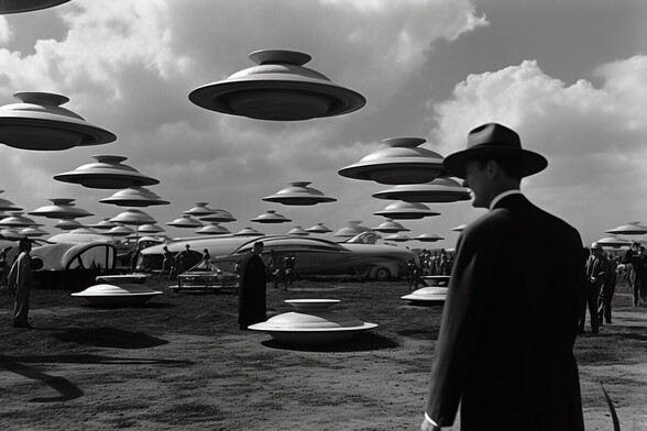 People, no cars, flying saucers