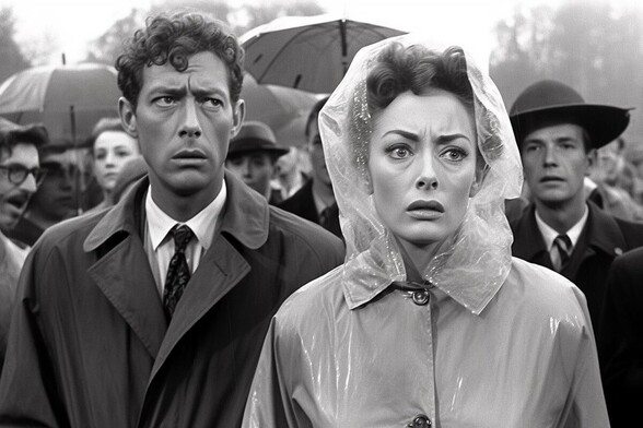 A crowd of people standing in the rain, with umbrellas and plastic raincoats. The two people at the front look horrified