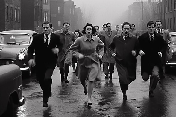 A dozen or more people running along a rain-slicked urban street