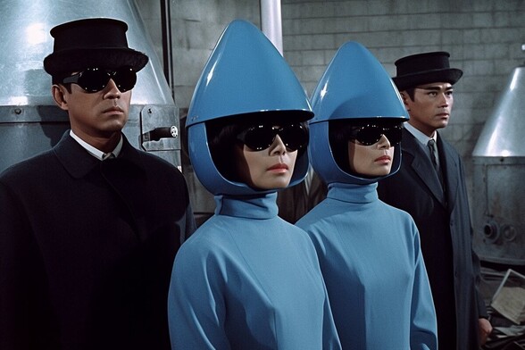 Two women in blue smocks and pointy blue helmets, two men in black. Three of the four are wearing dark sunglasses