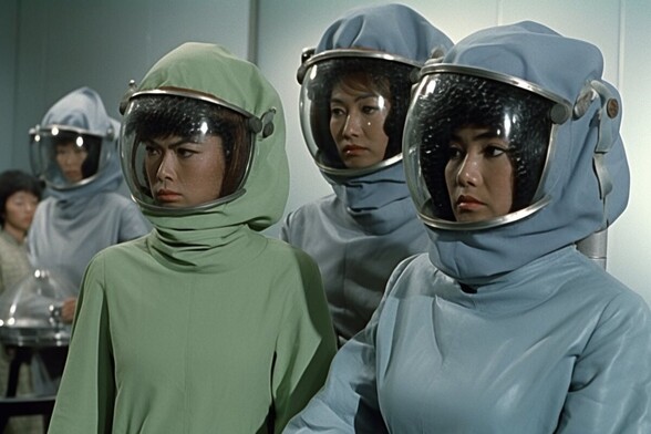Three women in radiation suits