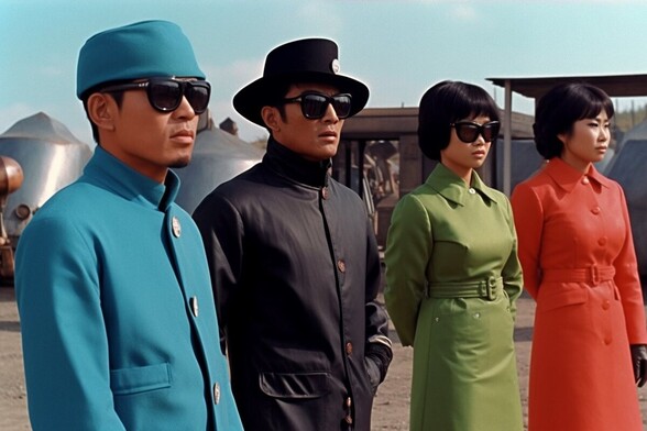 Four people in blue, black, lime green and red clothing, three of whom are wearing dark sunglasses