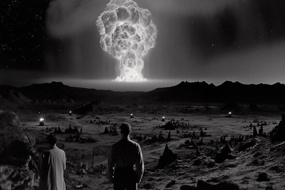 Two people looking over a ruined landscape at a mushroom cloud on the horizon