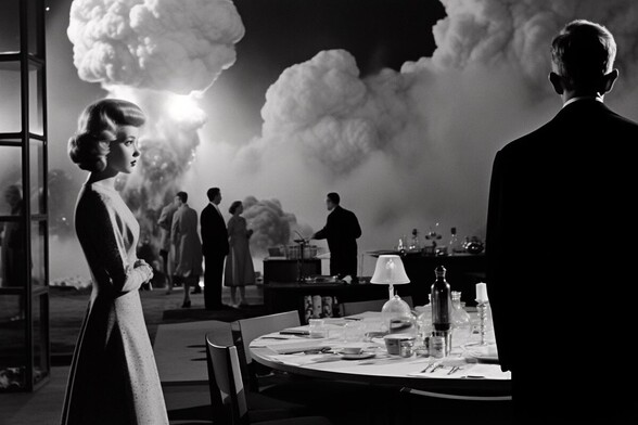 Two people stand by a large round table set for a meal, as other guests in the background look at the world exploding