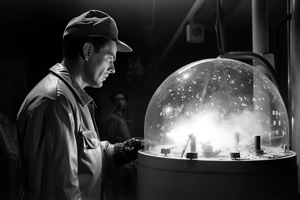 A man wearing a bomber jacket and a baseball cap looks at a glass dome on a round table, which appears to contain an explosion