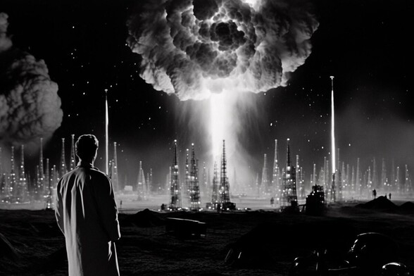 A person looks out over a city of spindly skyscrapers and a mushroom cloud