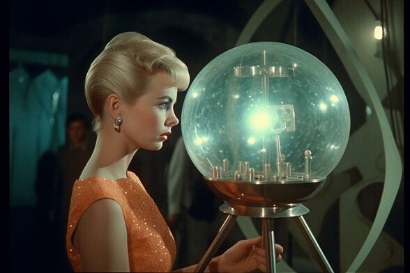 A woman in an orange dress peers into a persex globe containing a model or electrical equipment