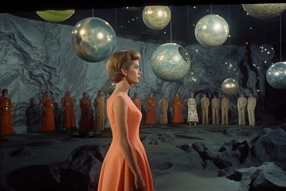 A woman in an orange dress walks across a rough cavern floor. Many people are lined up against the wall watching her. There are multi-coloured globes suspended from the cavern ceiling