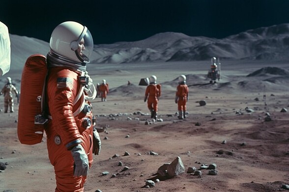 A group of astronauts walking across the lunar suract. There is a probe and possibly a spaceship in the middle distance