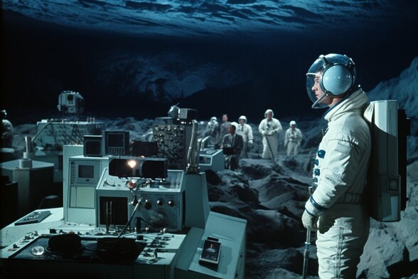 An astronaut looks out over a cavern floor which contains computer equipment or control banks