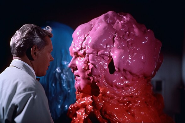 A man talks to a pink and red blob with a human face