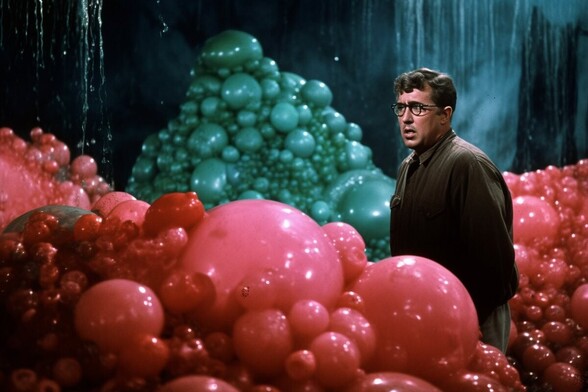 A distressed man stands among green and pink blobs