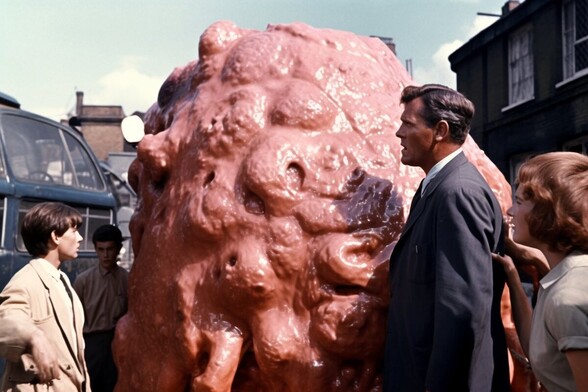Several people stand very close to a gelatinous mass in a suburban street