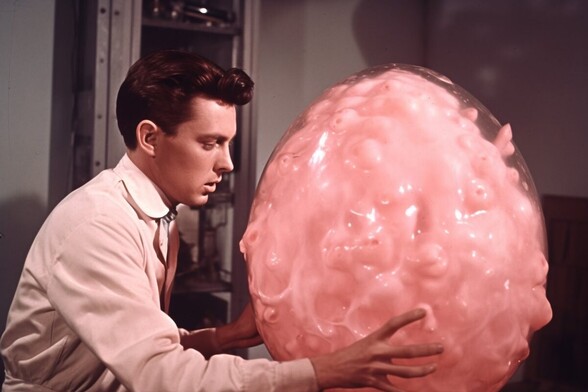 A young man grasps a pink blob