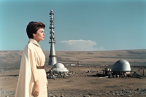 A woman in white stands in a barren landscape with two metal domes and a metal tower in the middle distance