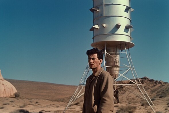 A man stands in a barren landscape with a silver tower behind him