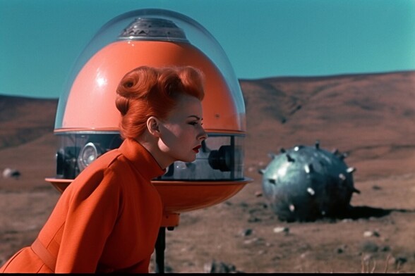 A woman in red stands in front of a red domed machine on a stand in a barren landscape. There is a WW2 sea mine on the ground behind