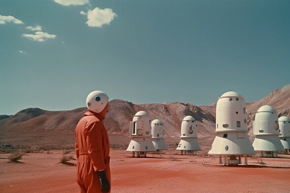 A man in orange flight suit and white flight helmet stands looking at a number of white space capsules on a red flat in a barren landscape