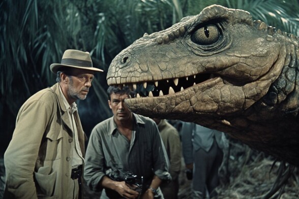 Two men look very closely at the head of a dinosaur with pointy teeth