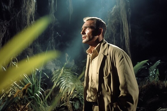 A man looks fearfully up into the jungle canopy. Out-of-focus leaves are in the foreground