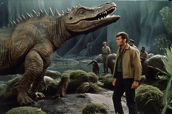 A large quadrupedal dinosaur roars as several men stand around looking unconcerned