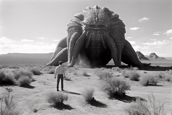 A man stands before a huge monster with flippers