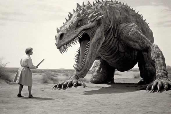 A woman waves a stick at a slavering beast with massive jaws