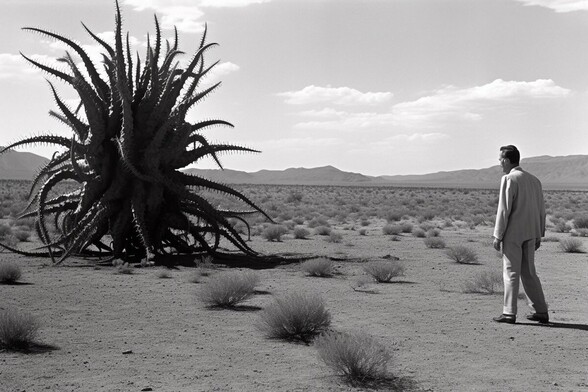 A man cautiously approaches a large tentacular creature