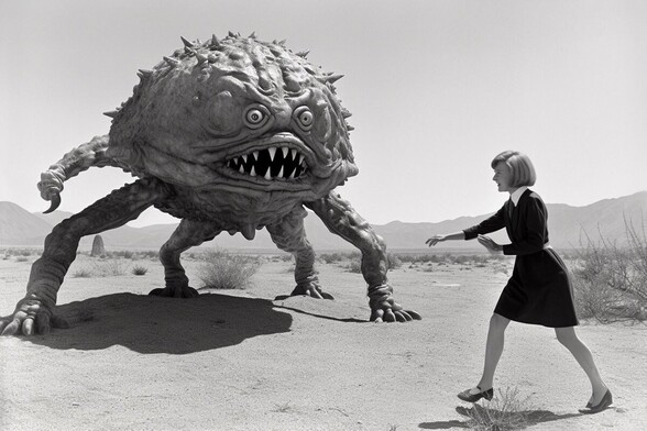 A woman is either trying to calm a giant crablike monster or do a karate chop on it