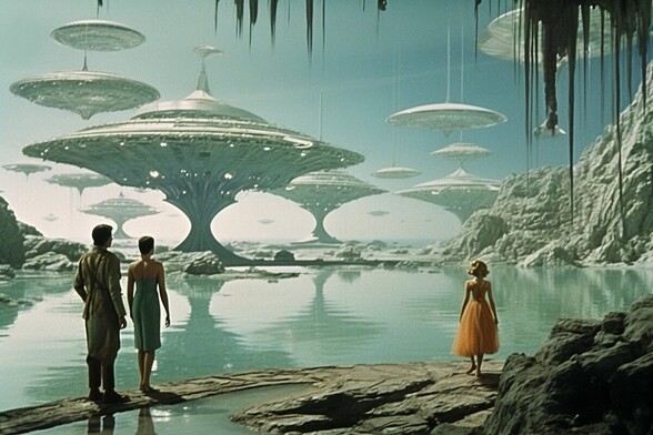 People stand on the shore of a lake looking at a city of floating discs