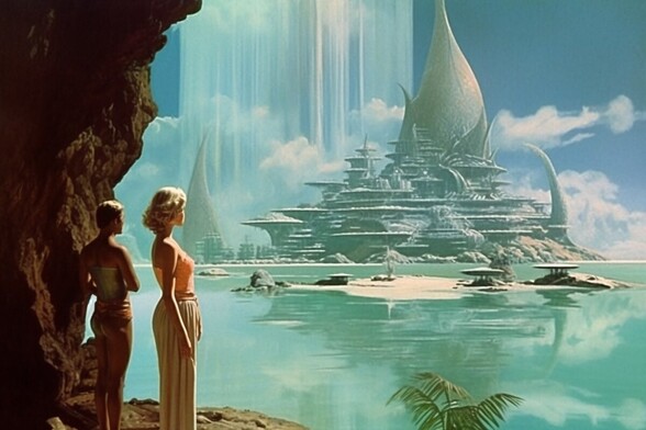 People stand on the shore of a sea looking at a city of curving towers
