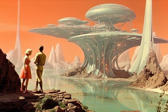 People stand on the shore of a lake looking at a city of curving discs
